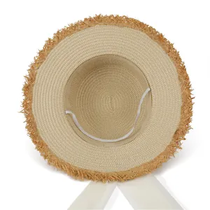 Flat top straw hat with bow, pearl accents and frayed edges for summer beach sun protection