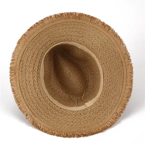 Ethnic wide brim straw hat with rainbow tassel edge for sun protection and beach vacation