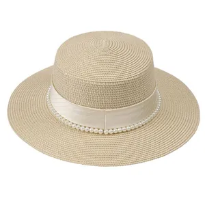 Chapeau de soleil élégant en paille style français avec ruban perlé et bord large été