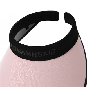 Pink open top sun visor hat with wide brim and black logo elastic headband for women