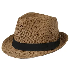 Breathable tan straw fedora hat with black ribbon band for sun protection and style