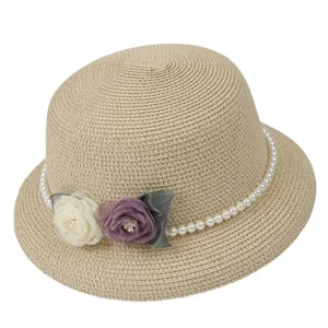 Beige straw cloche hat with pearl trim and floral decor for women's summer sun protection