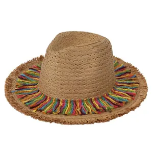 Bohemian straw sun hat with colorful tassel fringe decoration for beach vacation