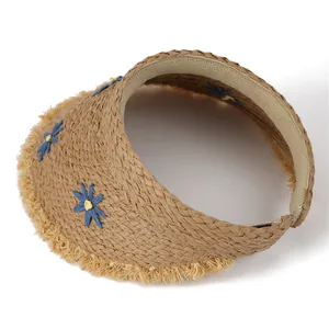 Women's woven sun visor straw hat with blue daisy embroidery and fringed edges