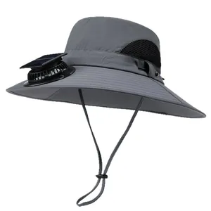 Chapeau solaire gris avec ventilateur, large bord et maille pour la randonnée