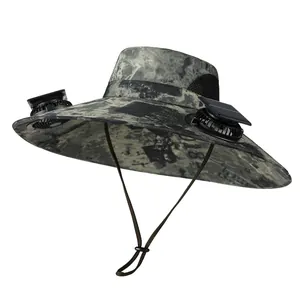 Solar powered cooling fan hat for men featuring wide brim and camouflage pattern