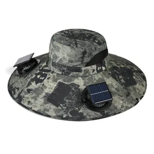 Solar powered double fan wide brim sun hat with camouflage pattern for outdoor fishing