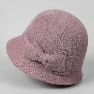 Chapeau Cloche Hiver Chaud pour Femmes Doublé de Velours Épais Tricoté Chapeau Seau Avec Nœud Papillon Élégant Bonnet de Pêcheur pour Grand-mère Âgée