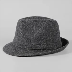 Classic dark grey wool fedora hat for elderly men featuring a stylish decorative band
