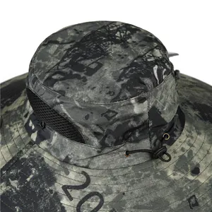Detail of outdoor sun hat with side mesh ventilation and adjustable drawstring toggle