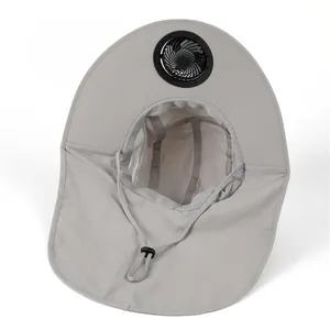 Outdoor fishing hat with solar fan and neck protector for UV sun protection in grey