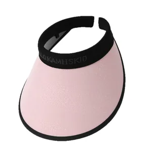 Pink wide brim UV protection sun visor with black embroidery on clean white background