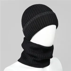 Men's winter knit beanie and scarf set with warm fleece lining in classic black