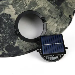 Detailed macro view of the solar fan assembly and camouflage fabric on the sun protection hat