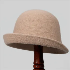 Chapeau de Pêcheur de Style Britannique à Bord Roulé pour Femmes Automne Hiver Couleur Unie Chapeau Cloche Chaud