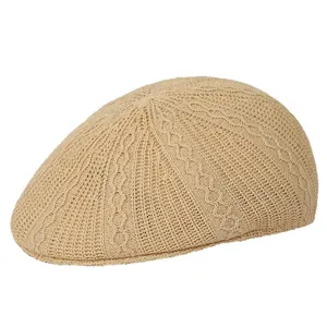 Berretto vintage in maglia traforata beige, cappello estivo traspirante in cotone
