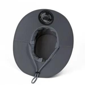 Chapeau de soleil gris foncé avec ventilateur solaire, bord large pour randonnée et pêche