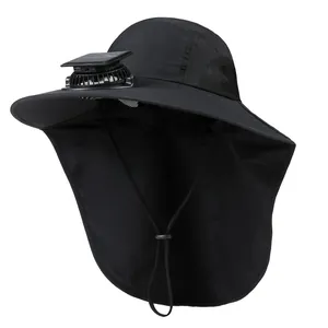 Detail of outdoor sun hat featuring integrated solar fan and convenient USB charging port