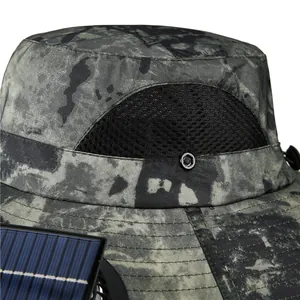Detail of solar powered fan and breathable mesh on camouflage sun protection hat