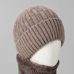 Winter warm knit beanie hat and neck scarf set with plush lining for elderly women