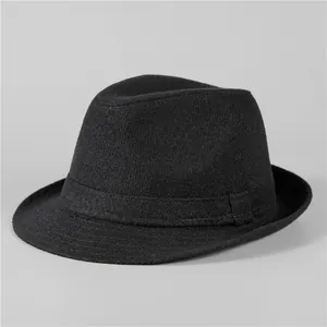 Detail of classic black wool fedora featuring high-quality felt texture and band