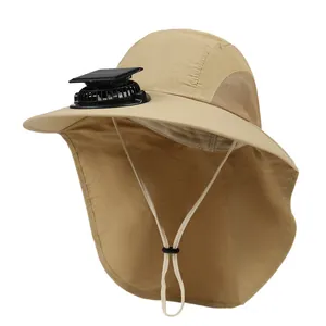 Detail of outdoor sun hat featuring solar powered fan and protective neck flap