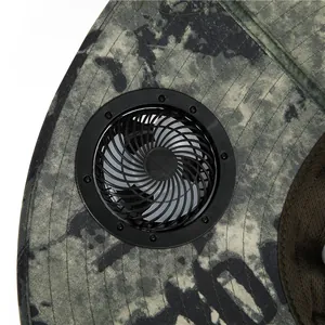 Close-up of camouflage solar fan hat showing durable fabric and cooling fan detail