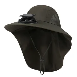 Close-up of olive sun hat featuring solar fan, USB port, and protective neck flap detail
