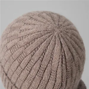 Close-up of the ribbed knit crown and waffle texture on this warm winter beanie hat