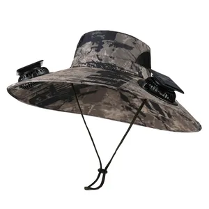Solar Powered Dual Fan Sun Hat Outdoor UV Protection Wide Brim Cooling Fishing Hiking Camouflage Bucket Hat For Men