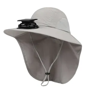 Outdoor solar fan hat with neck flap and wide brim for fishing and hiking UV protection