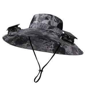 Solar powered cooling fan hat with camouflage pattern and wide brim for sun protection