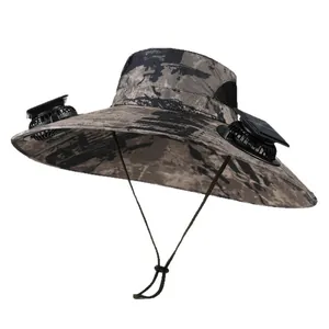 Solar powered double fan wide brim sun hat for men in camouflage outdoor fishing gear