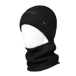 Winter thermal knit beanie and neck warmer set for men with thick fleece lining