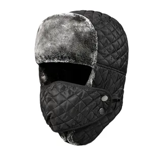 Bonnet aviateur d'hiver matelassé noir avec doublure en fausse fourrure grise et masque