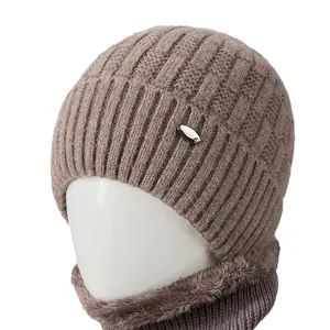 Winter fleece-lined knitted hat and neck warmer set for elderly women in light brown color
