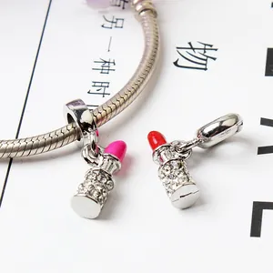 Sparkling lipstick charms for snake chain bracelets with pink and red enamel details