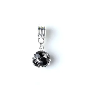 Sparkling DIY black faceted crystal charm with silver cross wrapped metal frame