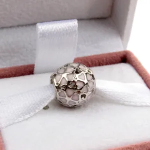 Silver hollow heart charm bead with pink enamel in jewelry box for DIY bracelet
