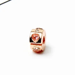 Rose gold heart charm bead with pink crystal and diamond accent for DIY bracelets