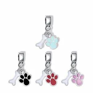 Pet Paw Print Bone Double Charm Pendant Alloy Enamel Large Hole Bead For DIY Bracelet Jewelry Making Women Accessories