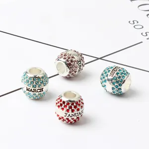 Perles en alliage DIY avec cristaux et noms de mois comme Janvier et Mars
