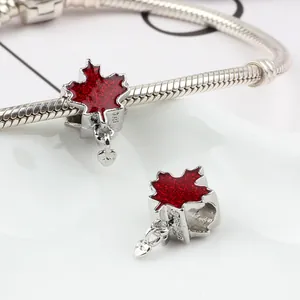 Alloy Red Enamel Maple Leaf Charm With Tiny Heart Pendant For DIY Jewelry Making Bracelet Accessories Nature Style Women Gift