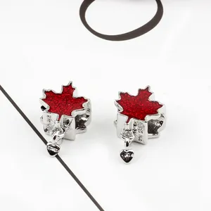DIY S925 sterling silver red enamel maple leaf beads with heart pendants for jewelry
