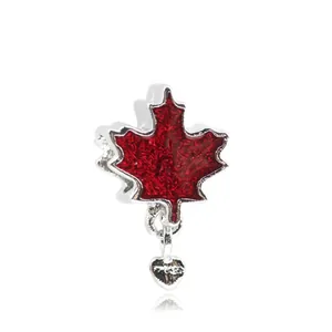 Exquisite red maple leaf charm with heart pendant in silver, perfect for DIY jewelry
