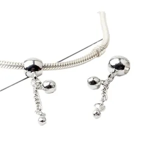 Polished silver beaded pendant charm with dangling double spheres on snake chain