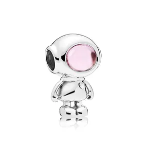Polished silver astronaut charm with pink visor and heart detail for DIY bracelets
