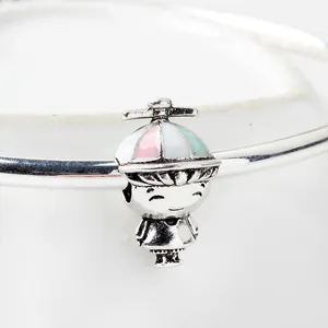 S925 silver cartoon boy charm with colorful striped propeller hat for DIY bracelets