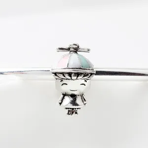 Cartoon boy charm with colorful propeller hat in silver finish for DIY bracelets