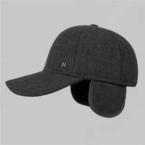 Men's wool winter cap with ear flaps and metal letter N detail in dark grey color